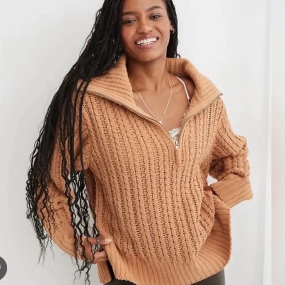Aerie Oversized Cable Car Quarter Zip Sweater Medium Camel Brown - Picture 3 of 11